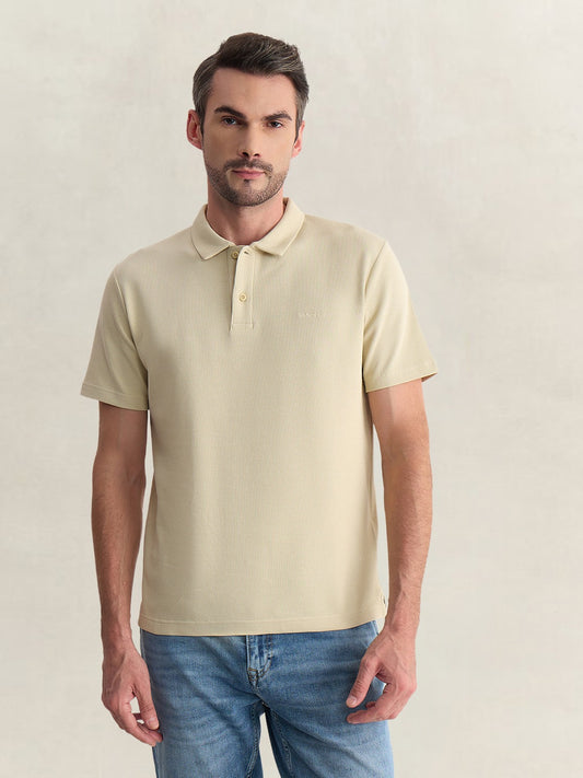Gant Men Beige Regular Fit Solid Cotton Blend Polo Tshirt