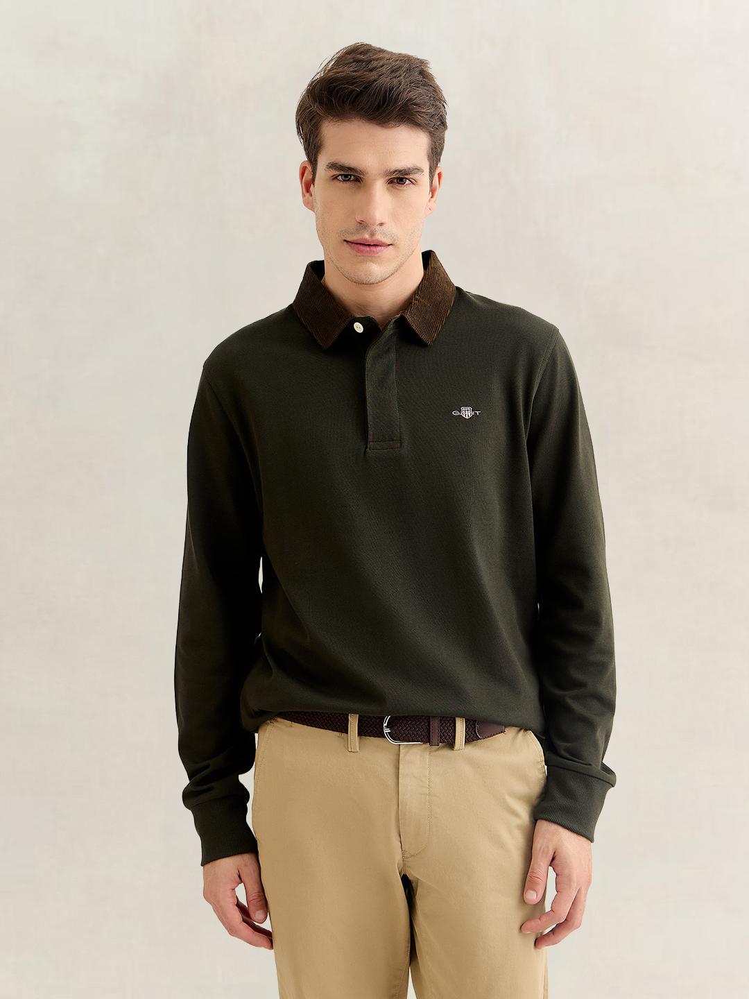 Gant Men Green Regular Fit Solid Corduroy Polo T-Shirt