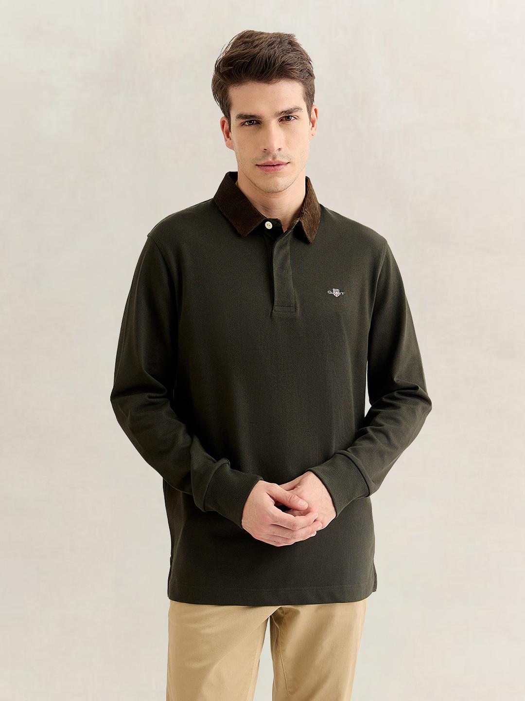 Gant Men Green Regular Fit Solid Corduroy Polo T-Shirt