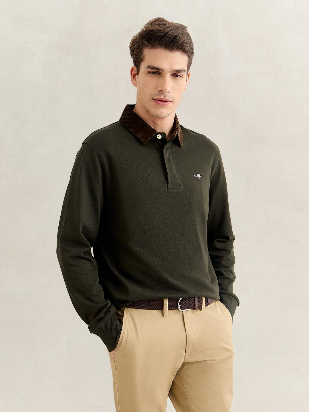 Gant Men Green Regular Fit Solid Corduroy Polo T-Shirt