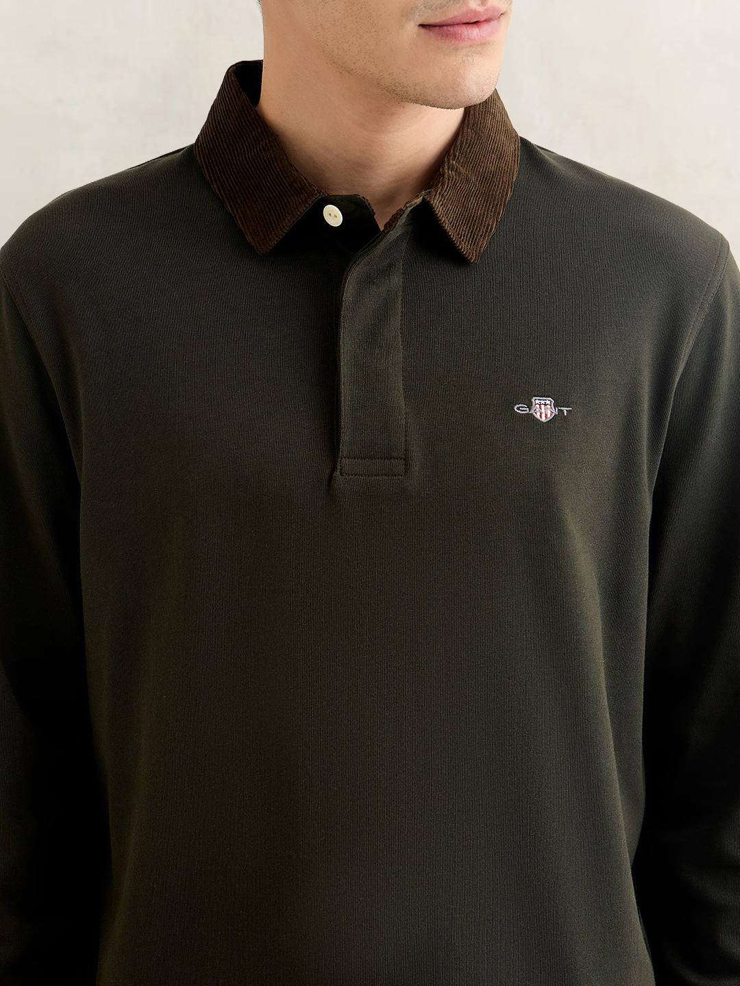 Gant Men Green Regular Fit Solid Corduroy Polo T-Shirt