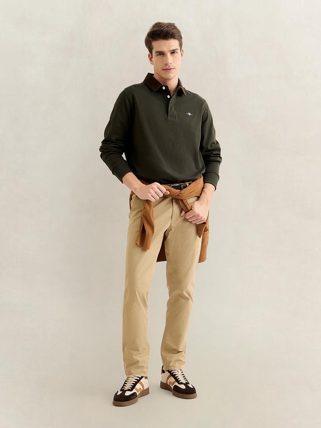 Gant Men Green Regular Fit Solid Corduroy Polo T-Shirt