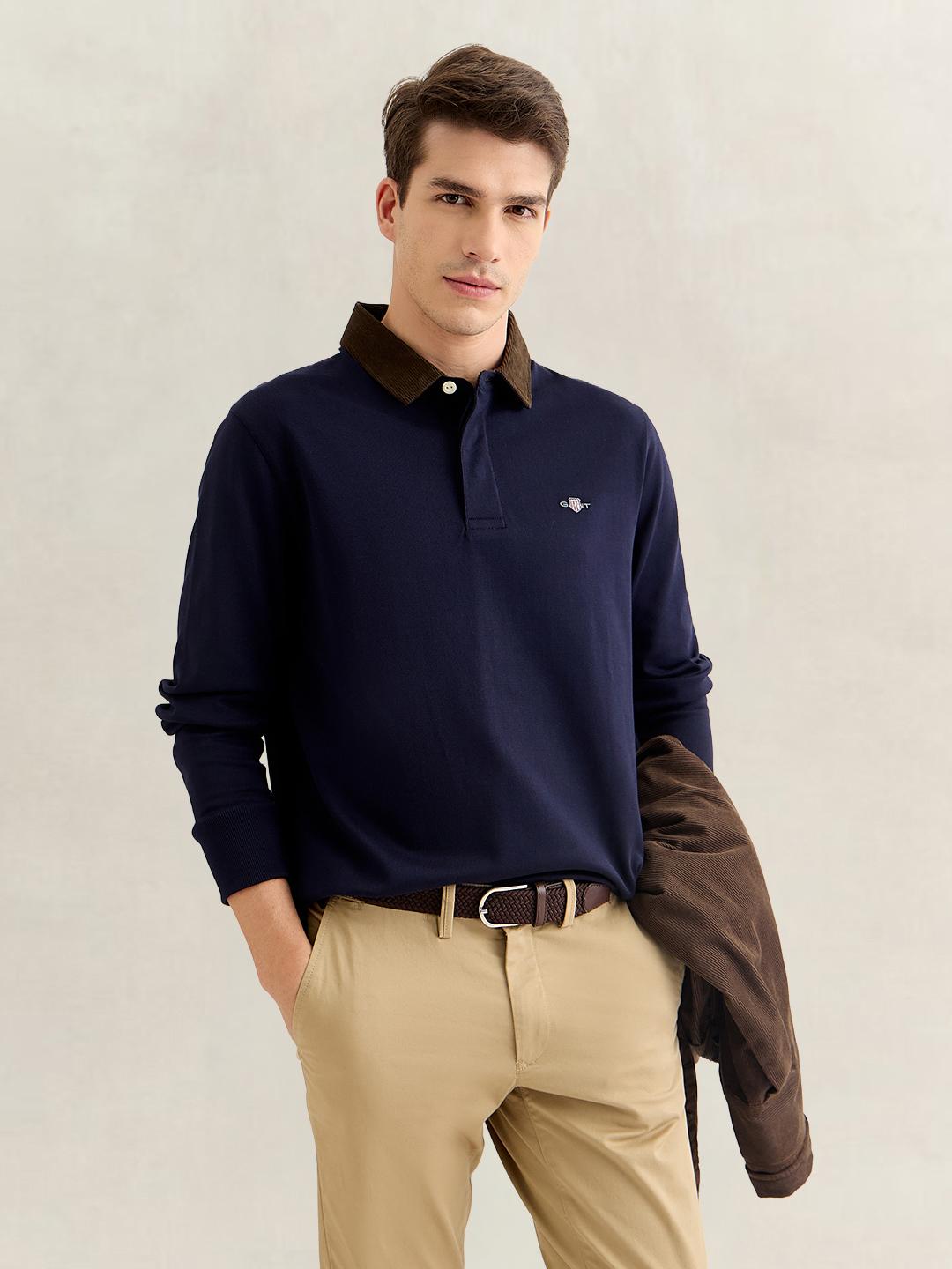 Gant Men Dark Blue Regular Fit Solid Corduroy Polo T-Shirt