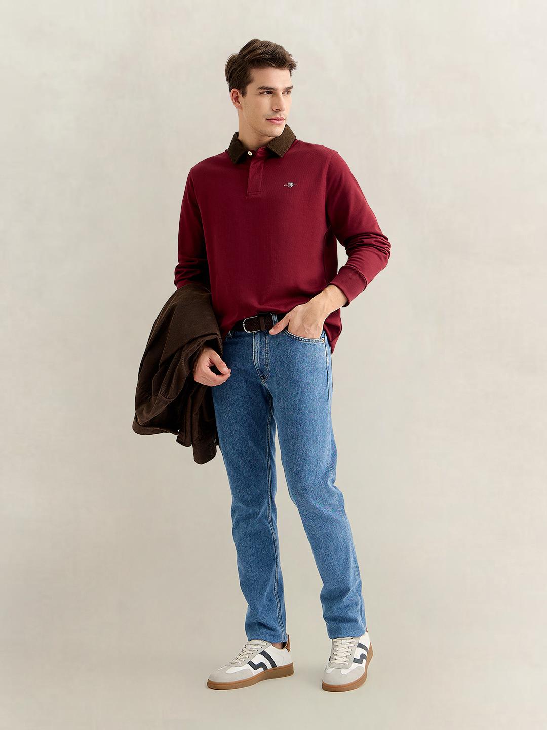 Gant Men Red Regular Fit Solid Corduroy Polo T-Shirt