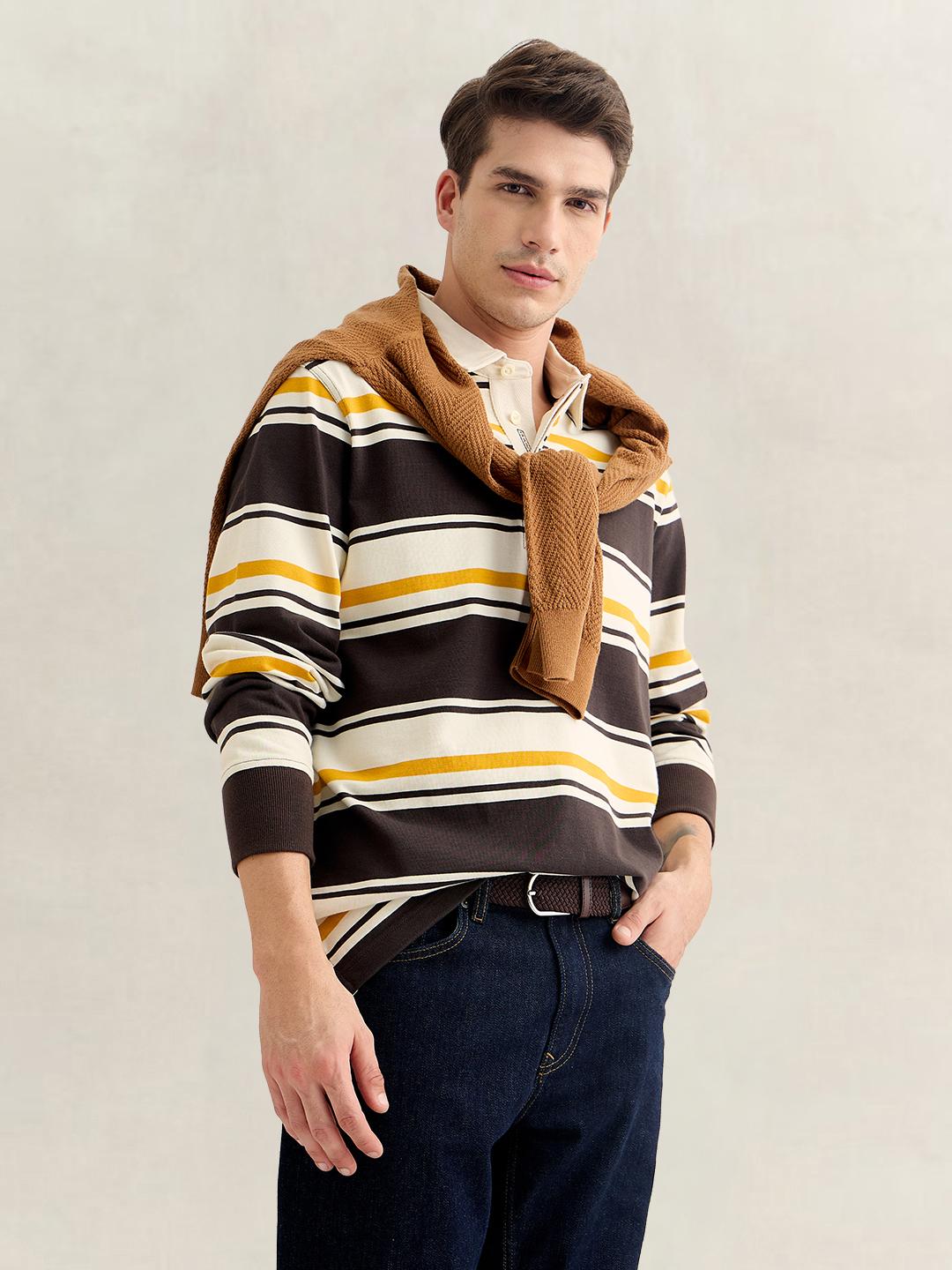 Gant Men Brown Regular Fit Striped Cotton Polo T-Shirt