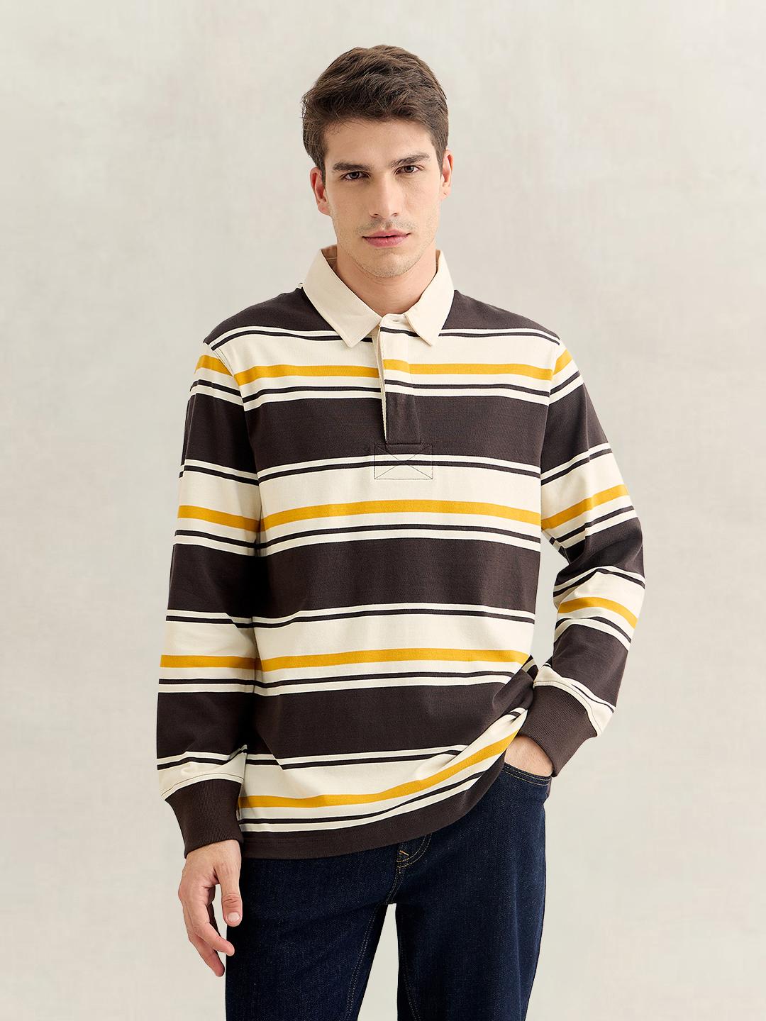 Gant Men Brown Regular Fit Striped Cotton Polo T-Shirt