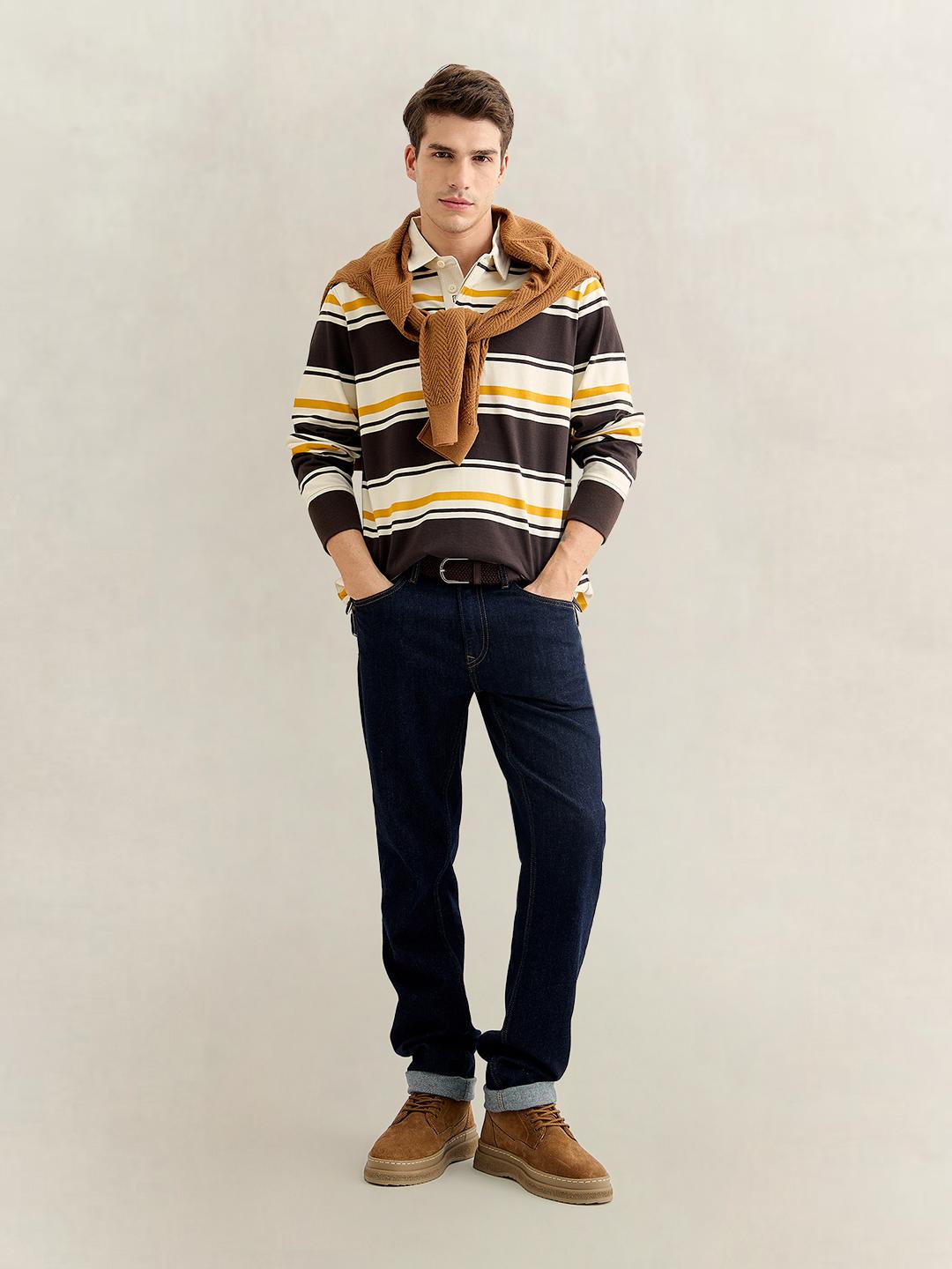 Gant Men Brown Regular Fit Striped Cotton Polo T-Shirt