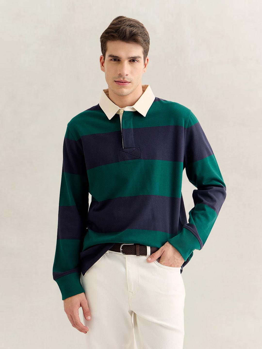 Gant Men Green Regular Fit Striped Cotton Polo T-Shirt