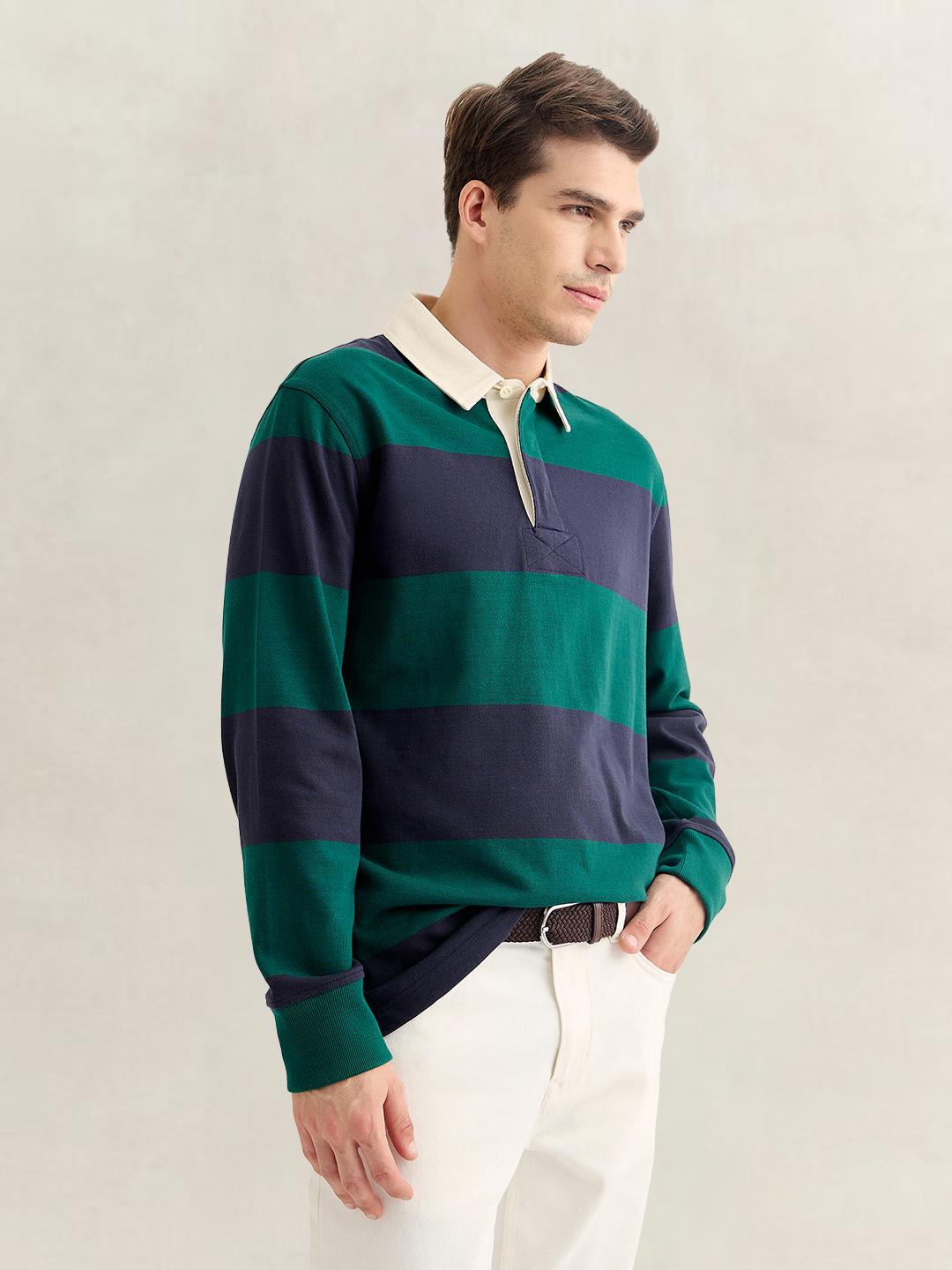 Gant Men Green Regular Fit Striped Cotton Polo T-Shirt