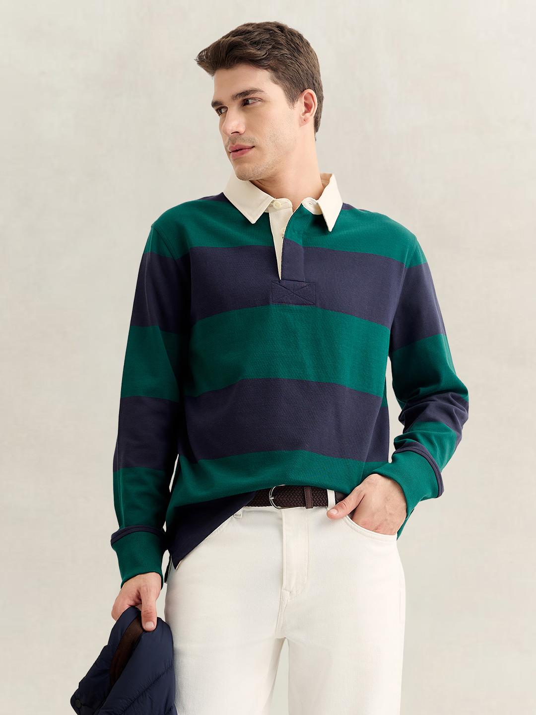 Gant Men Green Regular Fit Striped Cotton Polo T-Shirt