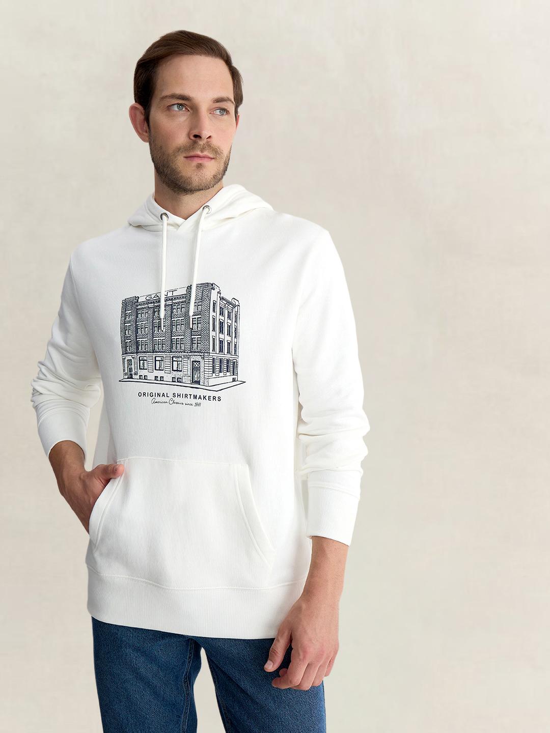 Gant Men White Regular Fit Graphic Organic Cotton Hoodie