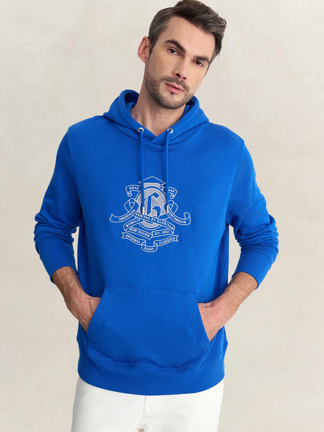 Gant Men Blue Regular Fit Graphic Organic Cotton Hoodie