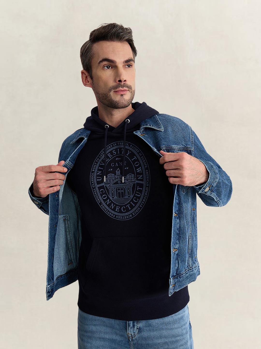 Gant Men Blue Regular Fit Graphic Organic Cotton Hoodie
