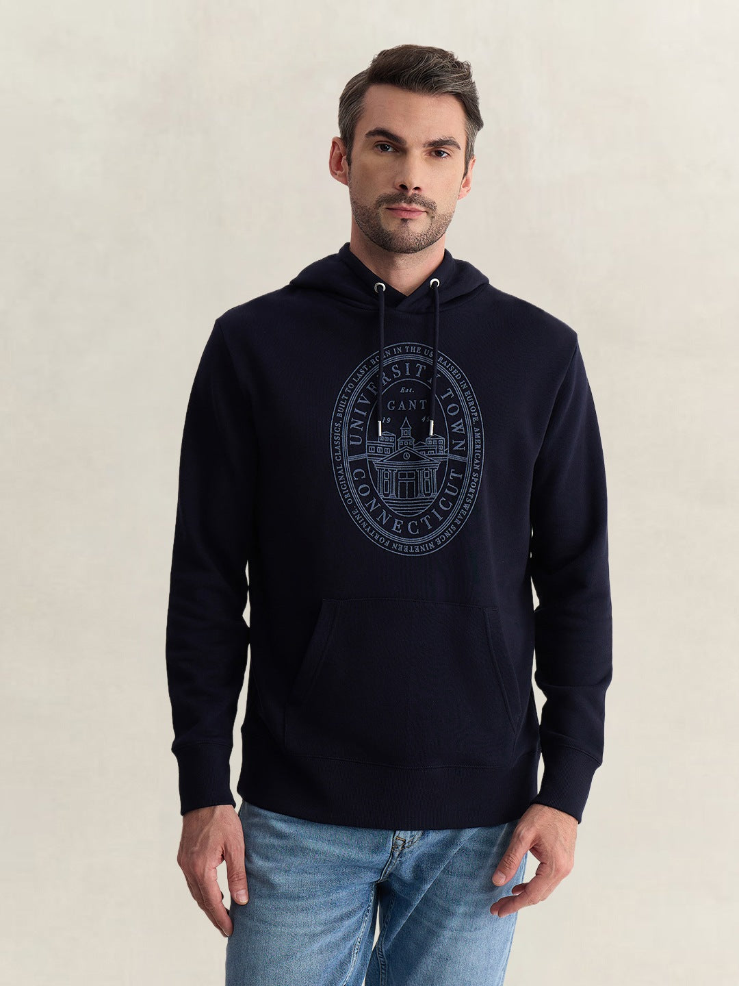 Gant Men Blue Regular Fit Graphic Organic Cotton Hoodie