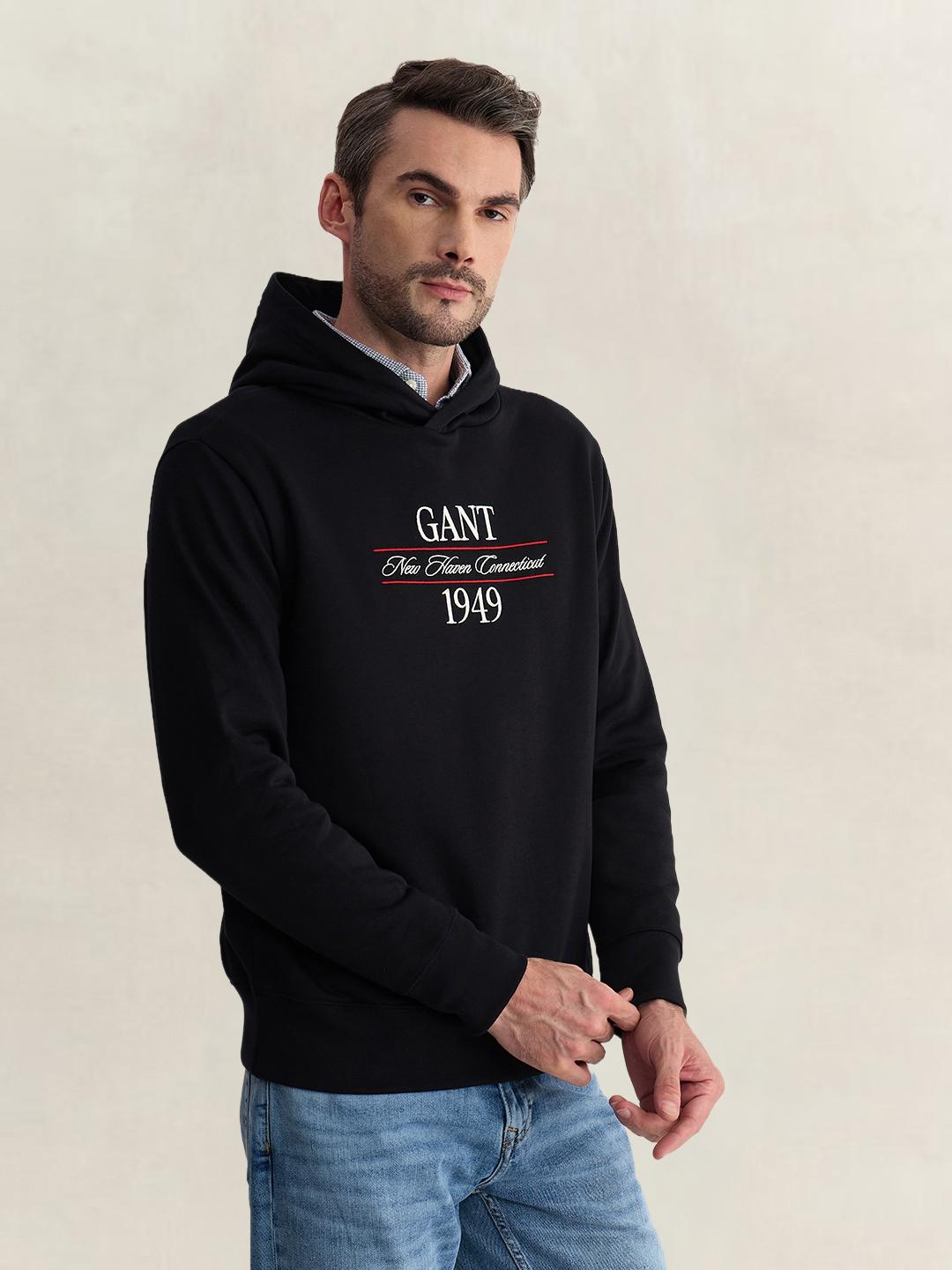 Gant Men Black Regular Fit Graphic Cotton Blend Hoodie