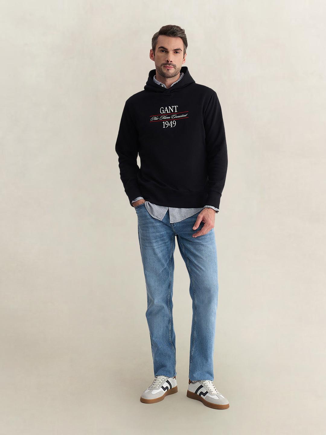 Gant Men Black Regular Fit Graphic Cotton Blend Hoodie