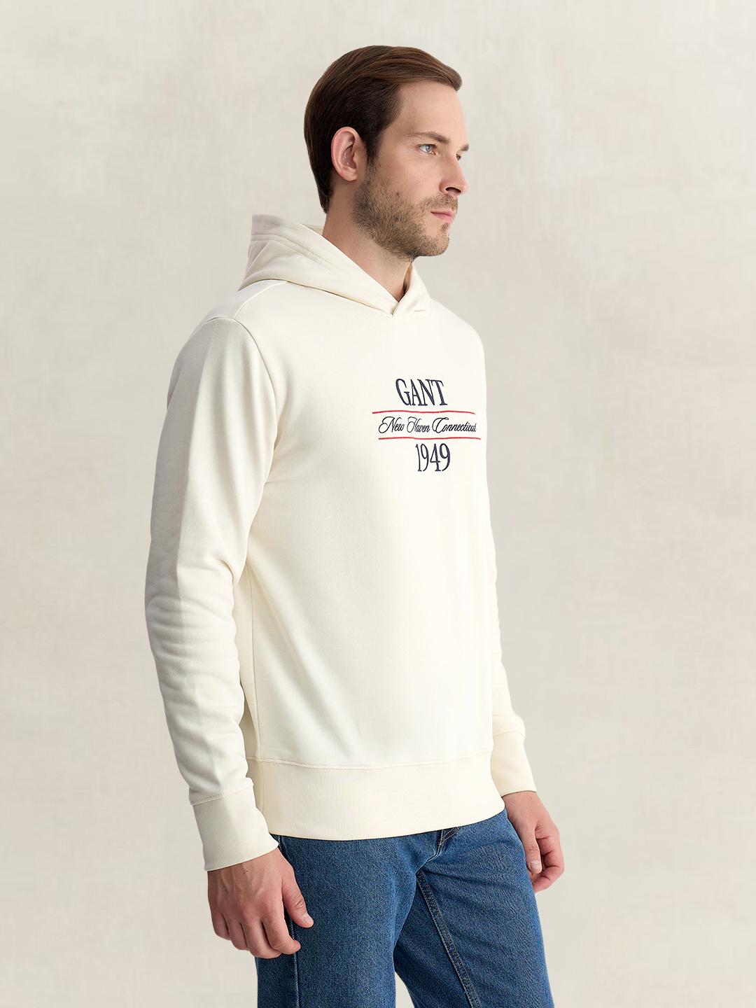 Gant Men Cream Regular Fit Graphic Cotton Blend Hoodie