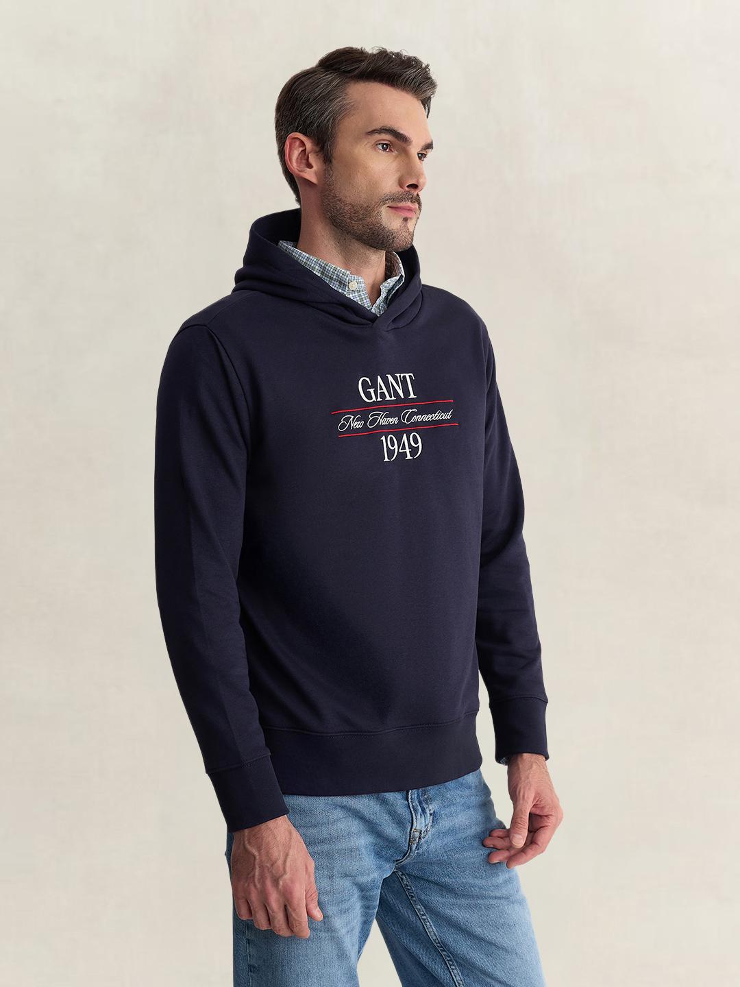 Gant Men Blue Regular Fit Graphic Cotton Blend Hoodie