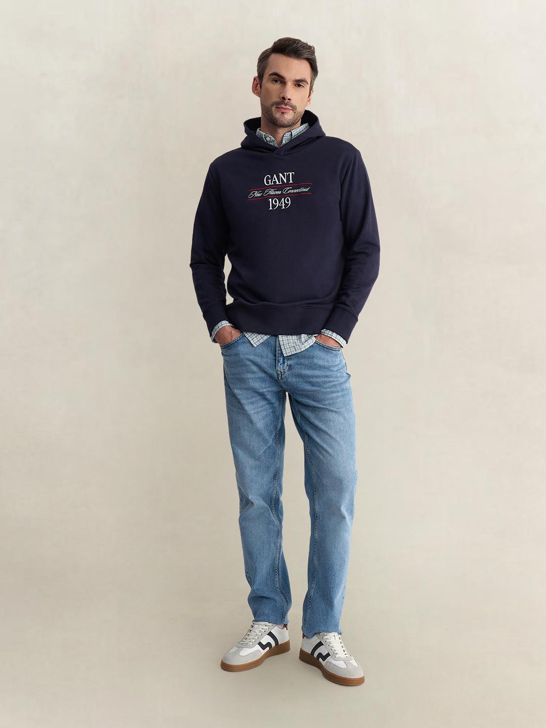 Gant Men Blue Regular Fit Graphic Cotton Blend Hoodie