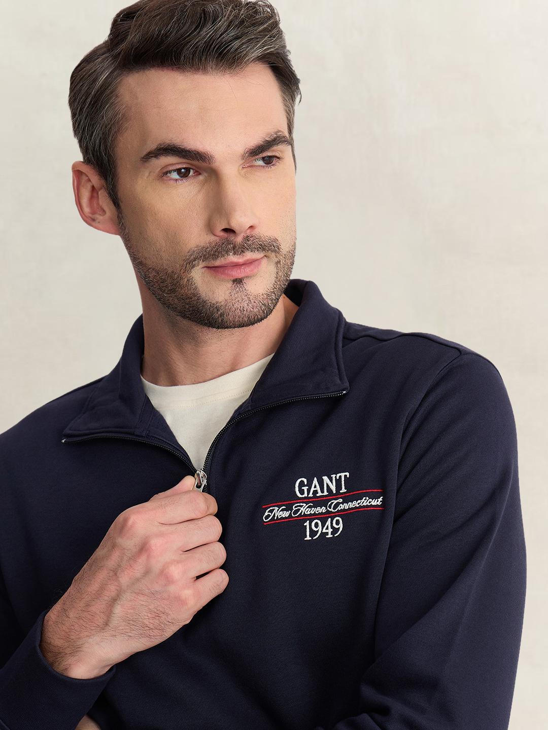 Gant Men Blue Regular Fit Solid Cotton Blend Sweatshirt