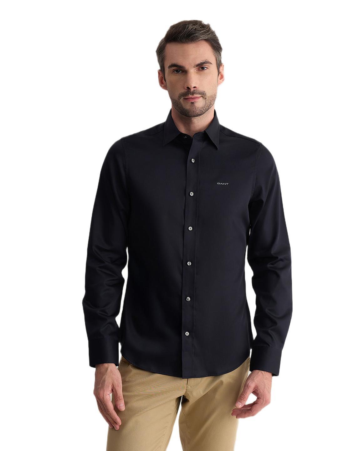 Gant Men Black Slim Fit Solid Sateen Shirt