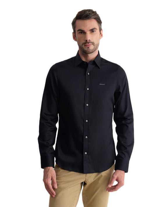 Gant Men Black Slim Fit Solid Sateen Shirt