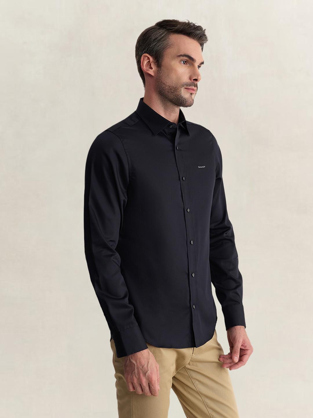 Gant Men Black Slim Fit Solid Sateen Shirt