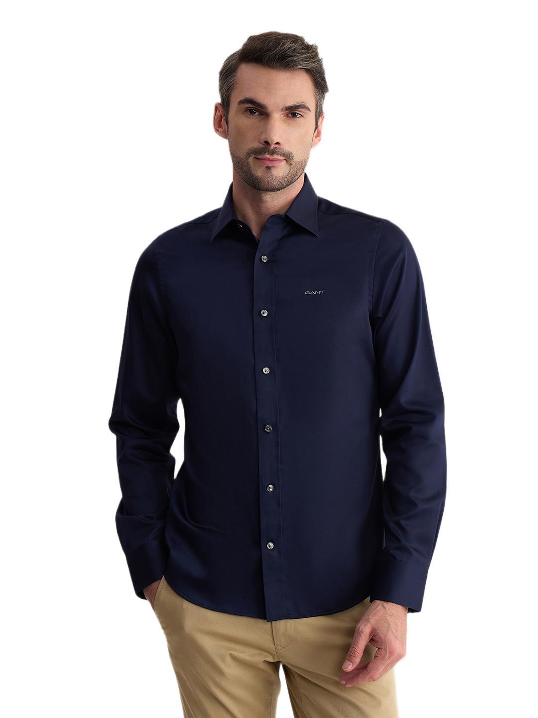 Gant Men Blue Slim Fit Solid Sateen Shirt