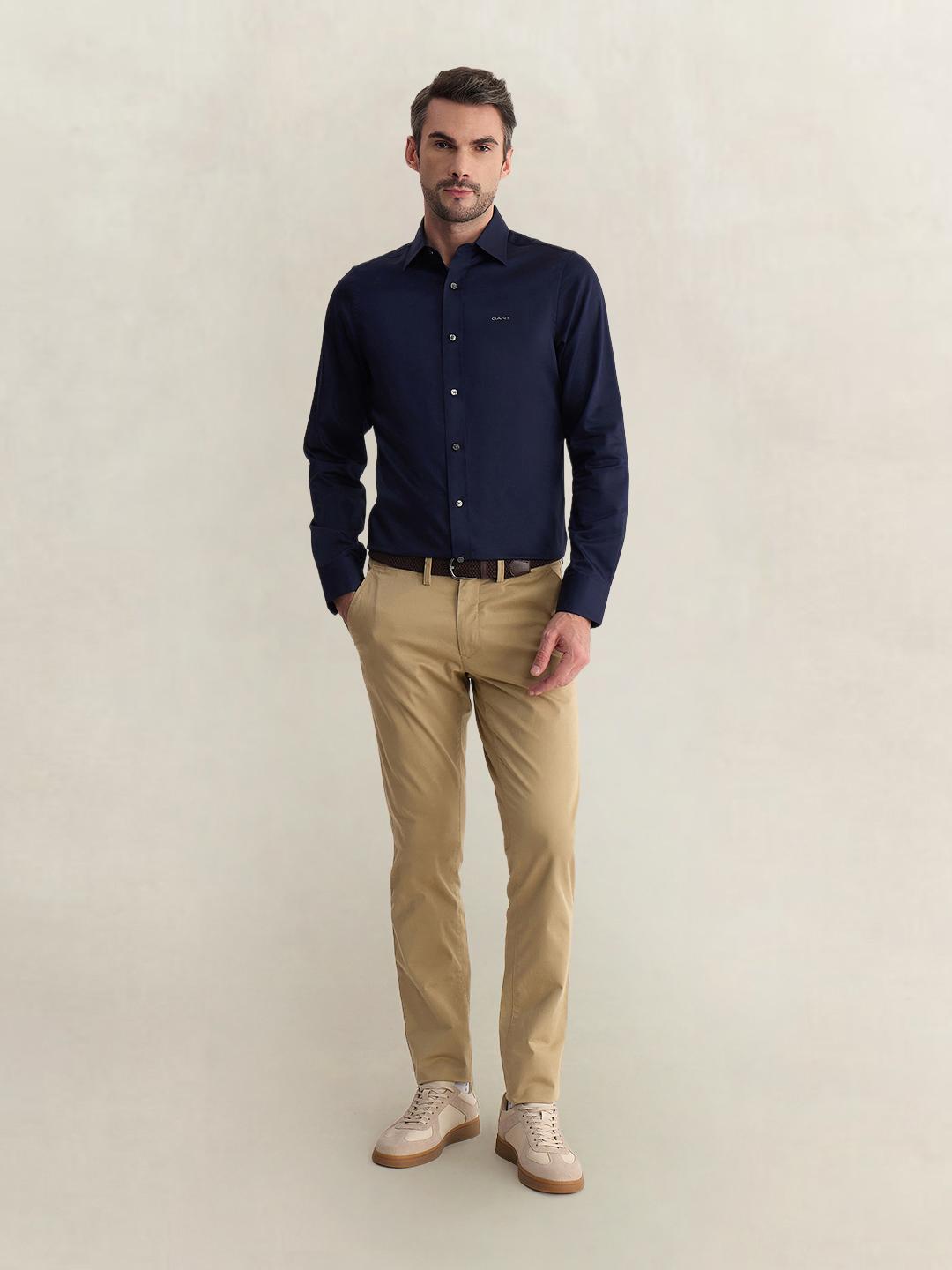 Gant Men Blue Slim Fit Solid Sateen Shirt