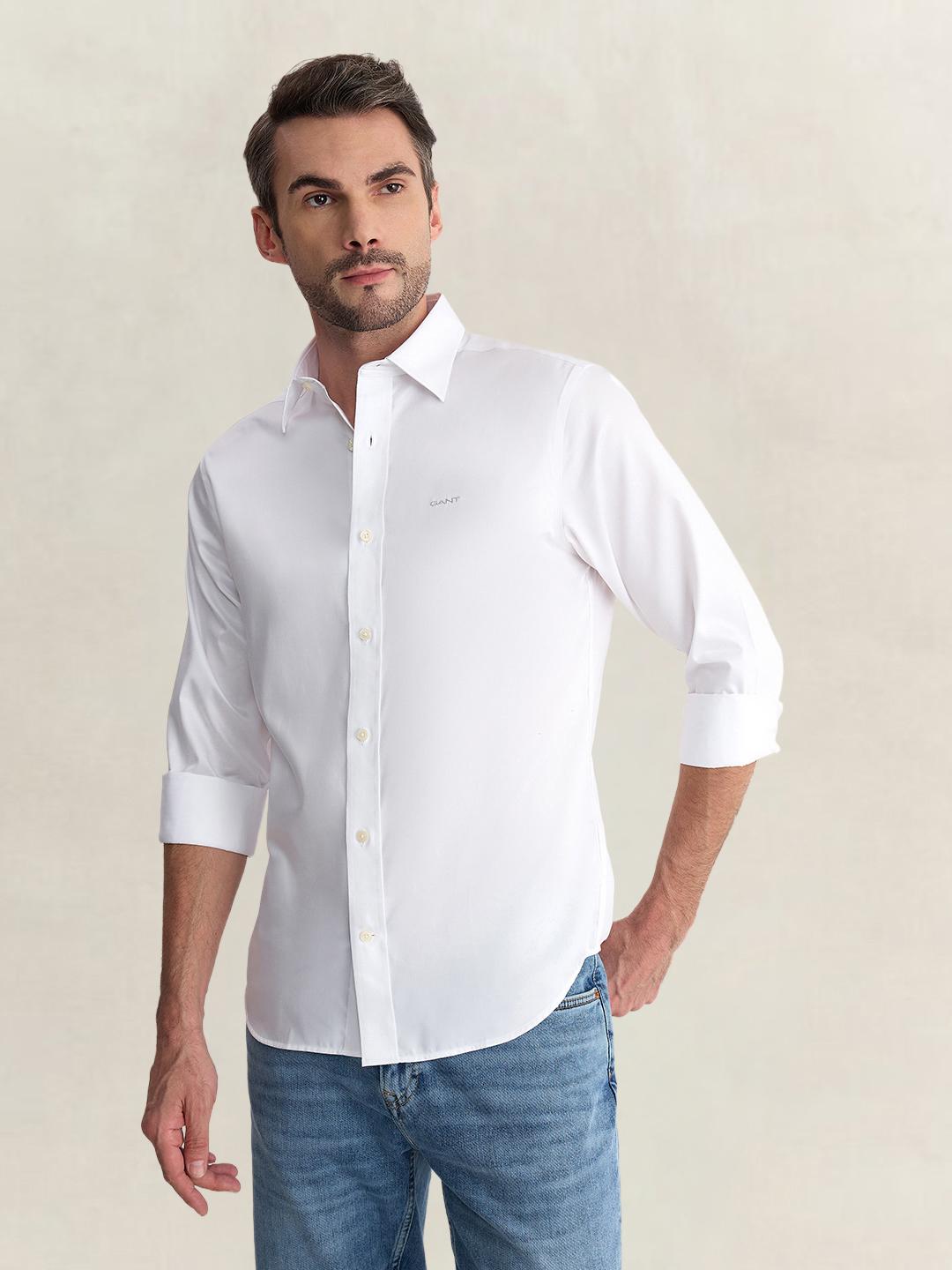 Gant Men White Regular Fit Solid Sateen Shirt