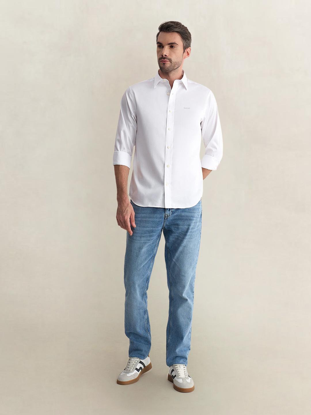 Gant Men White Regular Fit Solid Sateen Shirt