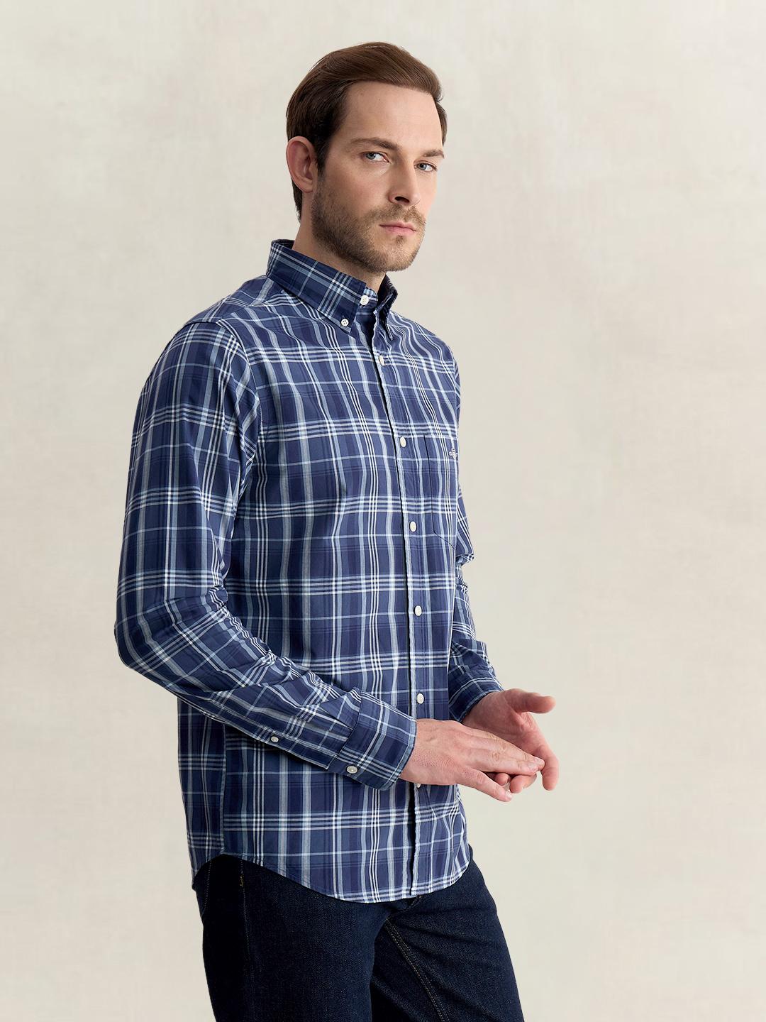 Gant Men Blue Regular Fit Checked Poplin Shirt