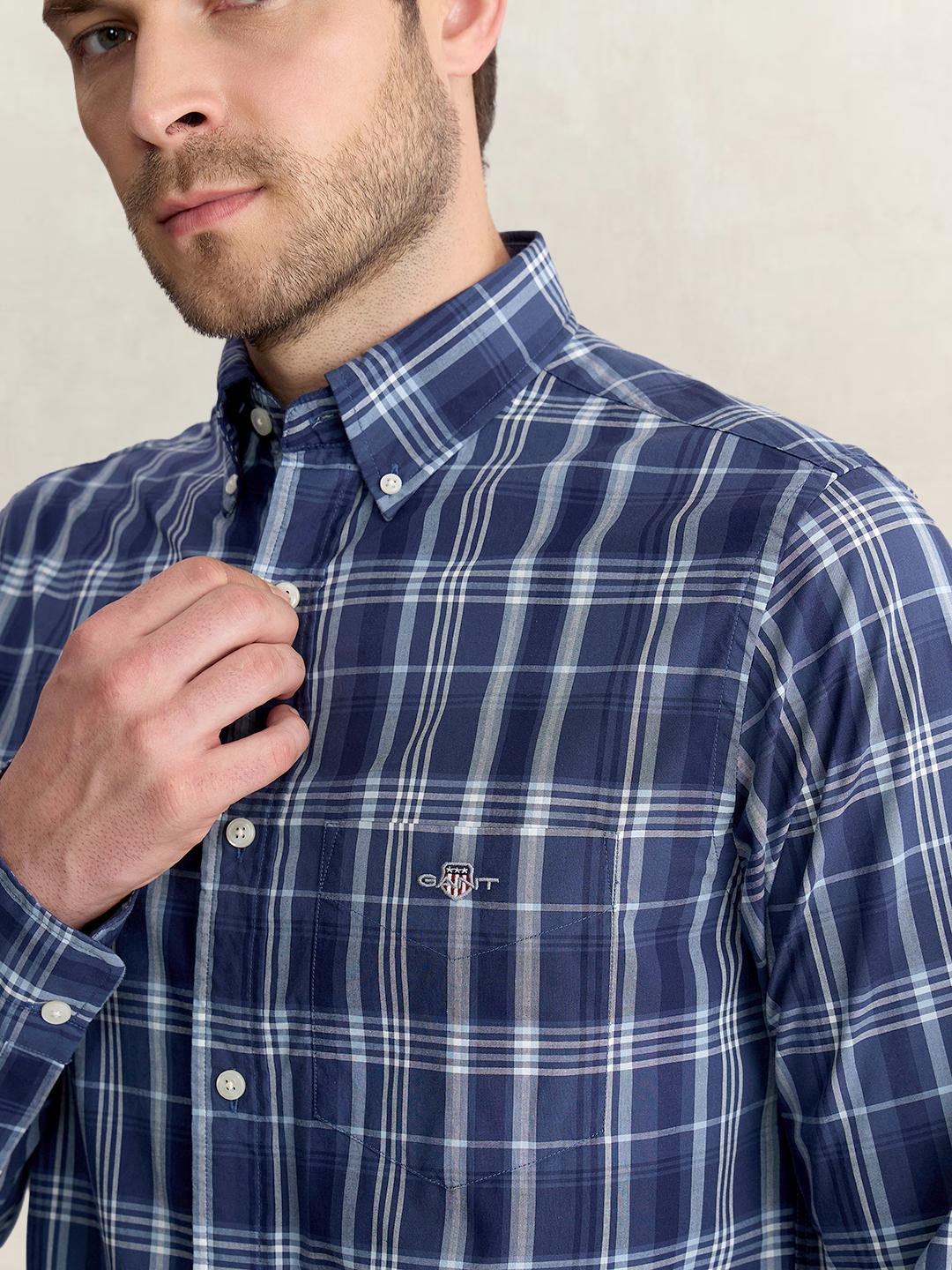 Gant Men Blue Regular Fit Checked Poplin Shirt