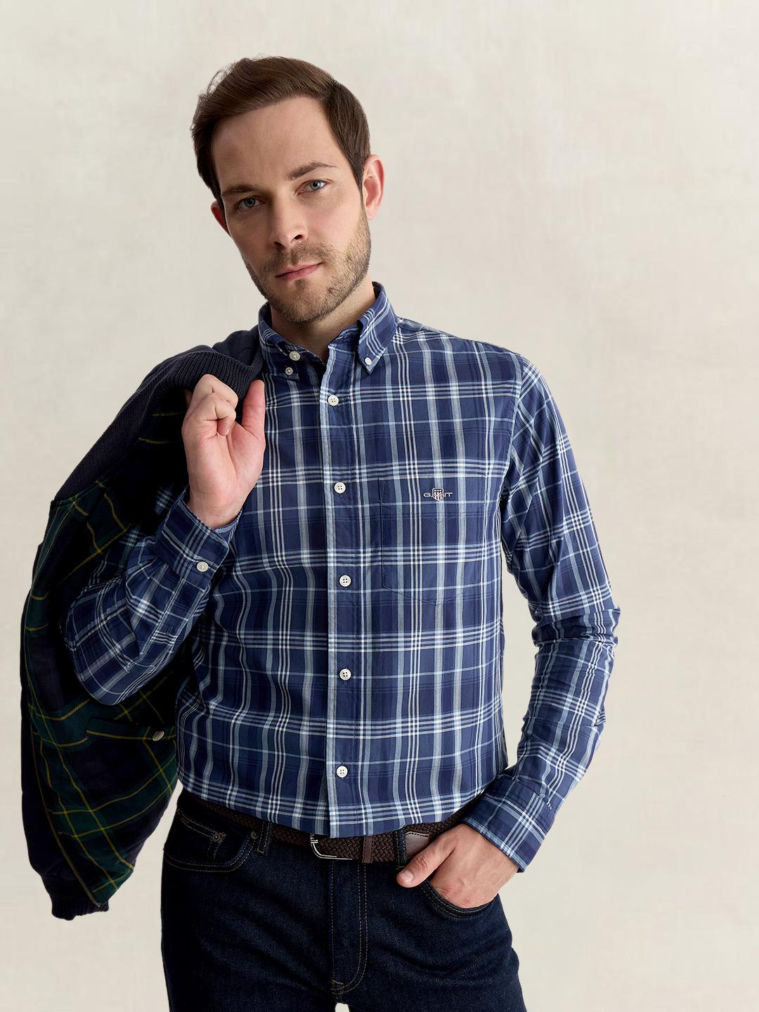 Gant Men Blue Regular Fit Checked Poplin Shirt