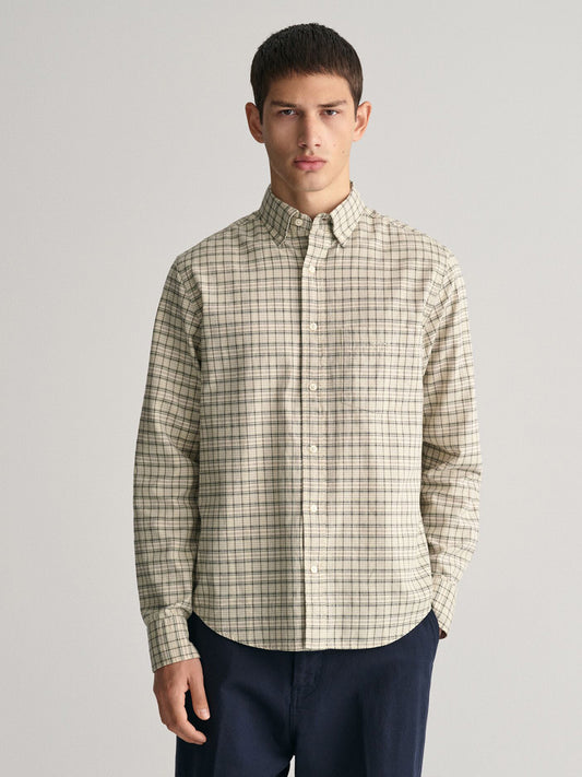 GANT Men Beige Checked Regular Fit Cotton Oxford  Shirt