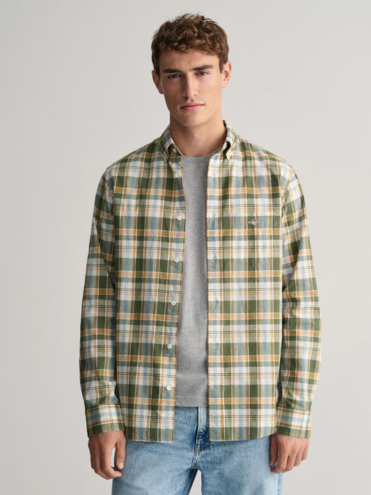 GANT Men Green Checked Regular Fit Cotton Linen Shirt