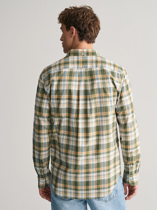 GANT Men Green Checked Regular Fit Cotton Linen Shirt