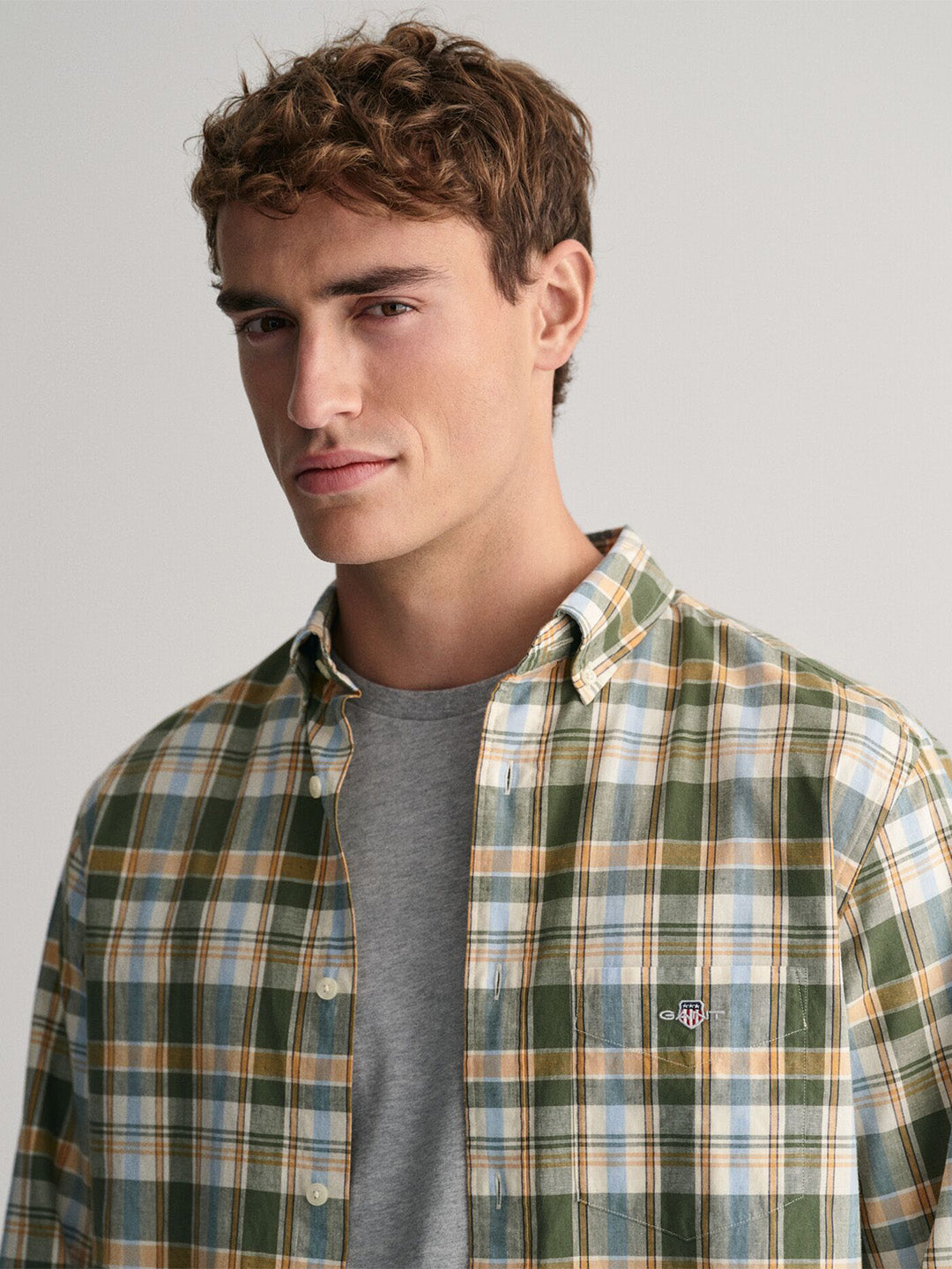 GANT Men Green Checked Regular Fit Cotton Linen Shirt