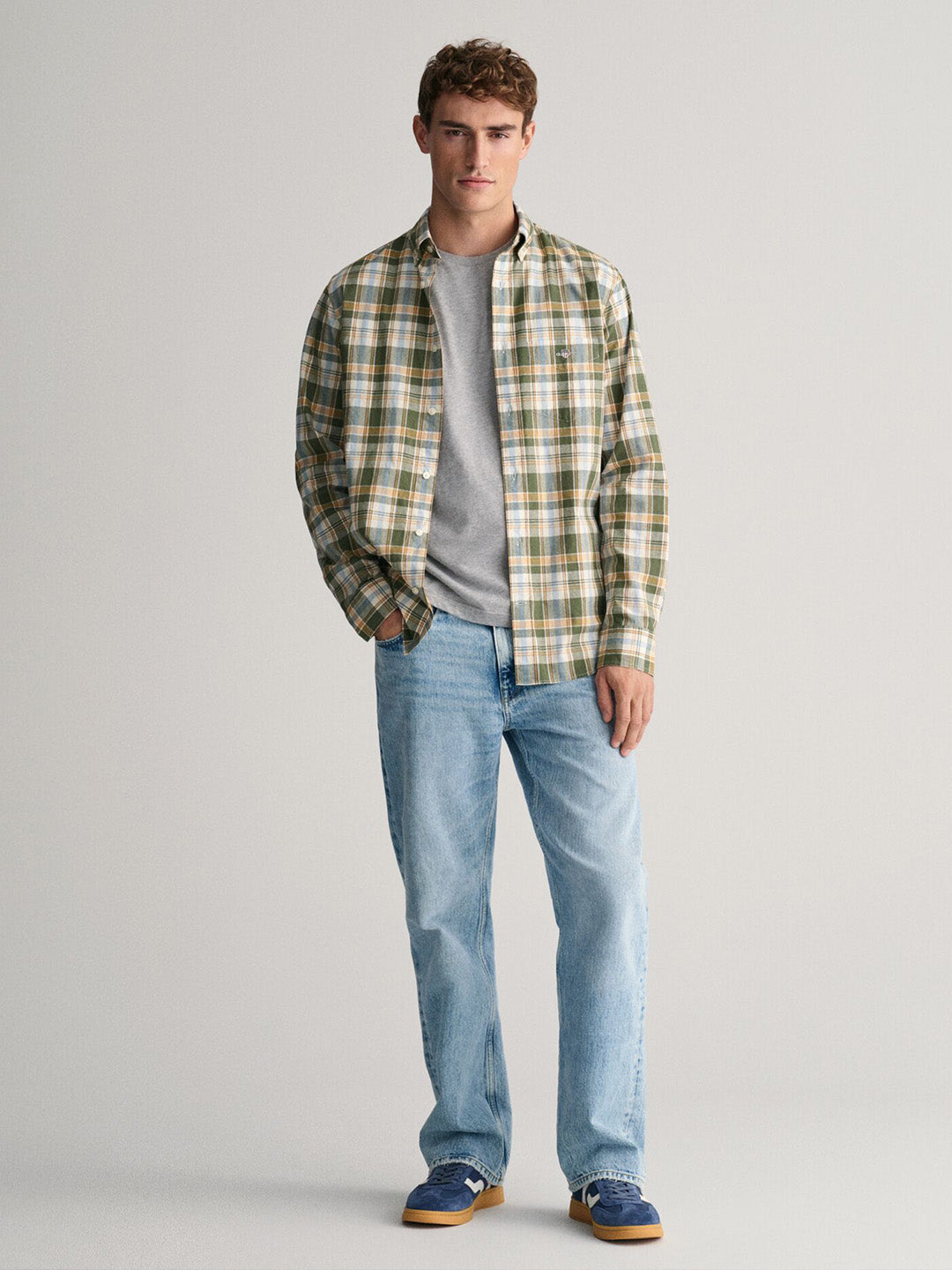 GANT Men Green Checked Regular Fit Cotton Linen Shirt