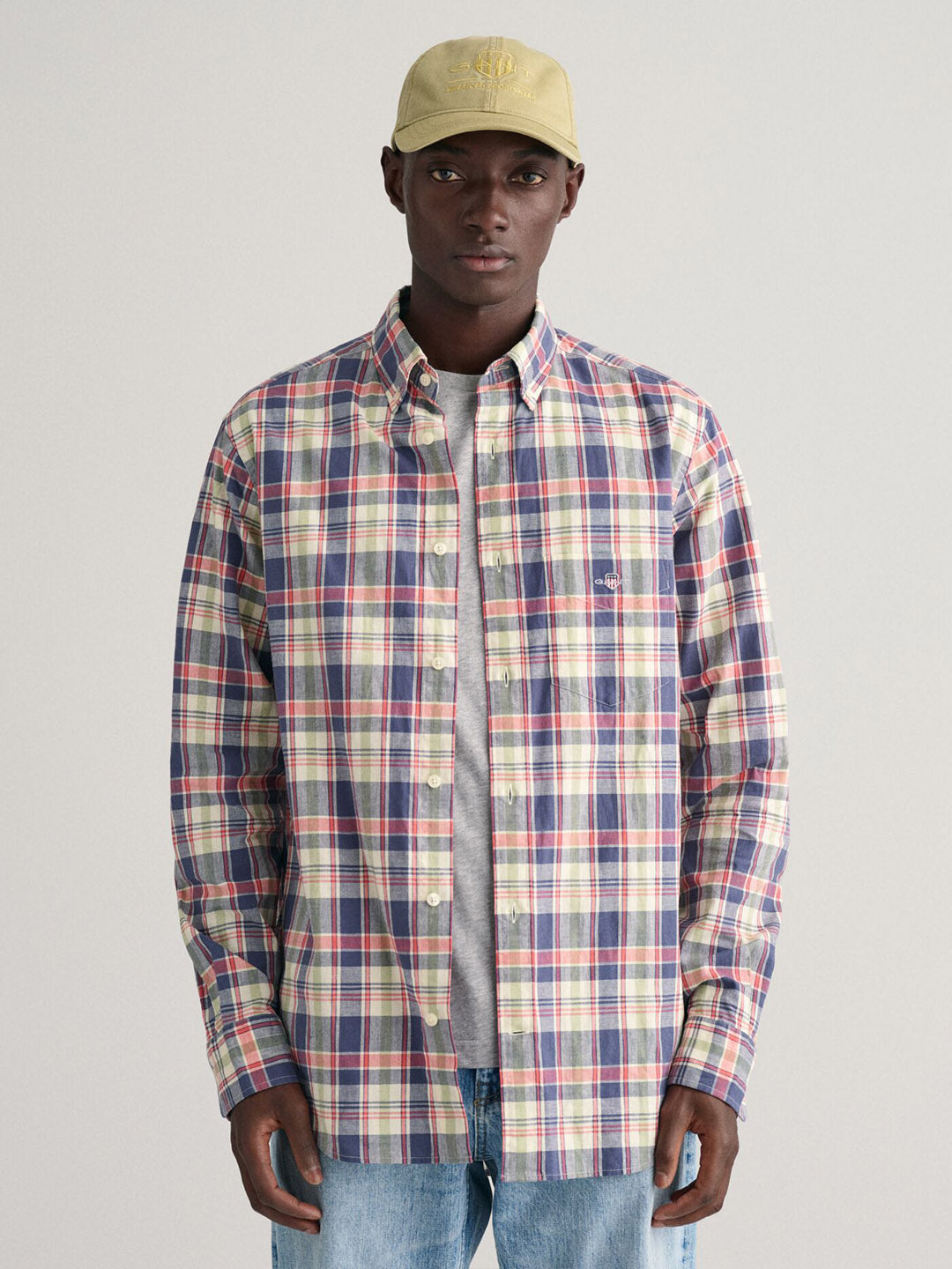 GANT Men Blue Checked Regular Fit Cotton Linen Shirt