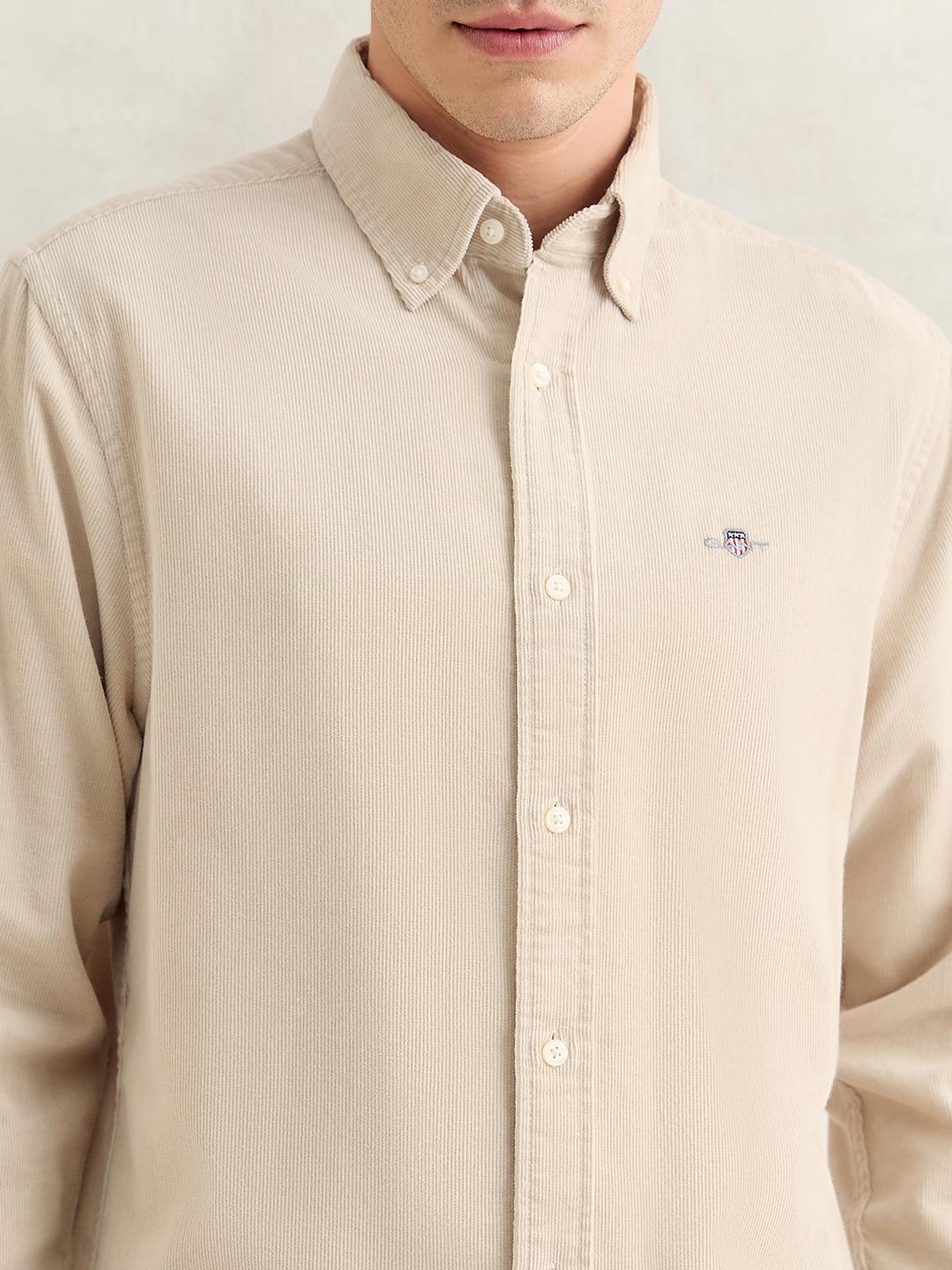 Gant Men Beige Regular Fit Solid Corduroy Shirt