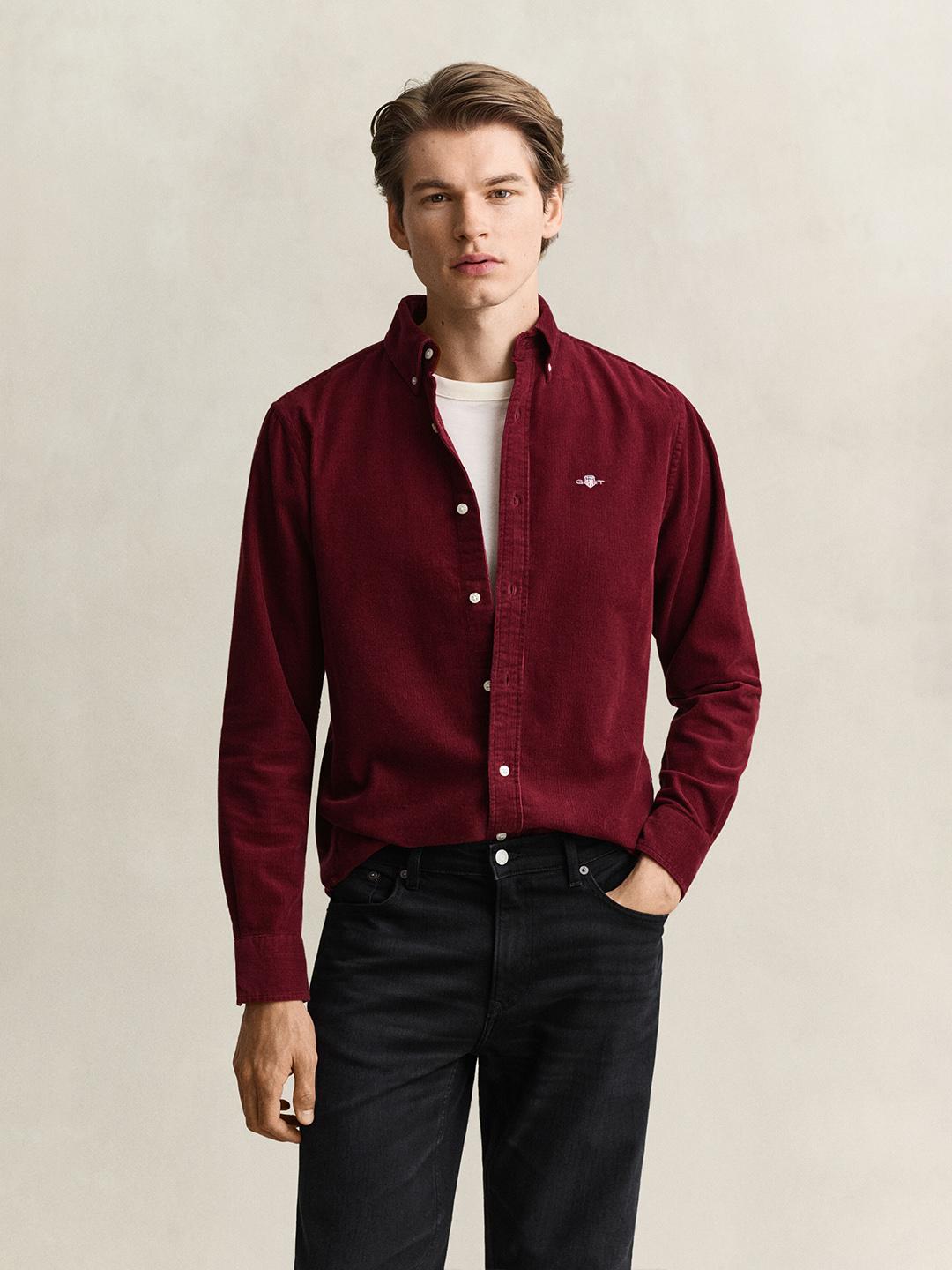 Gant Men Wine Solid Regular Fit Corduroy Shirt
