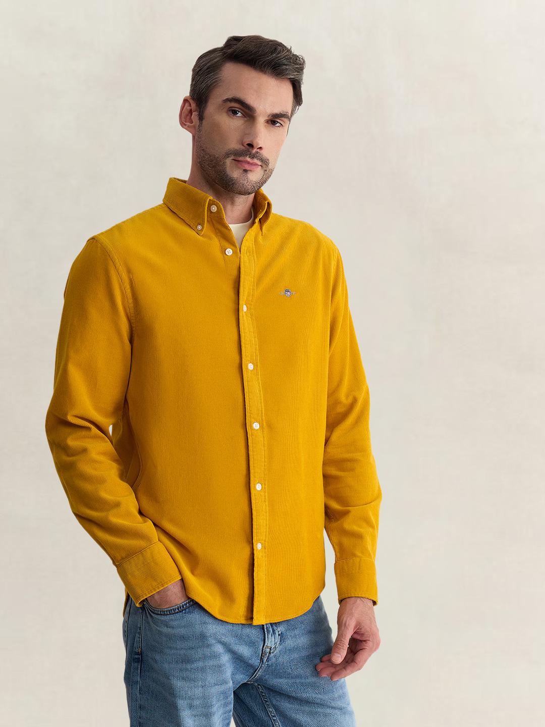 Gant Men Yellow Regular Fit Solid Corduroy Shirt