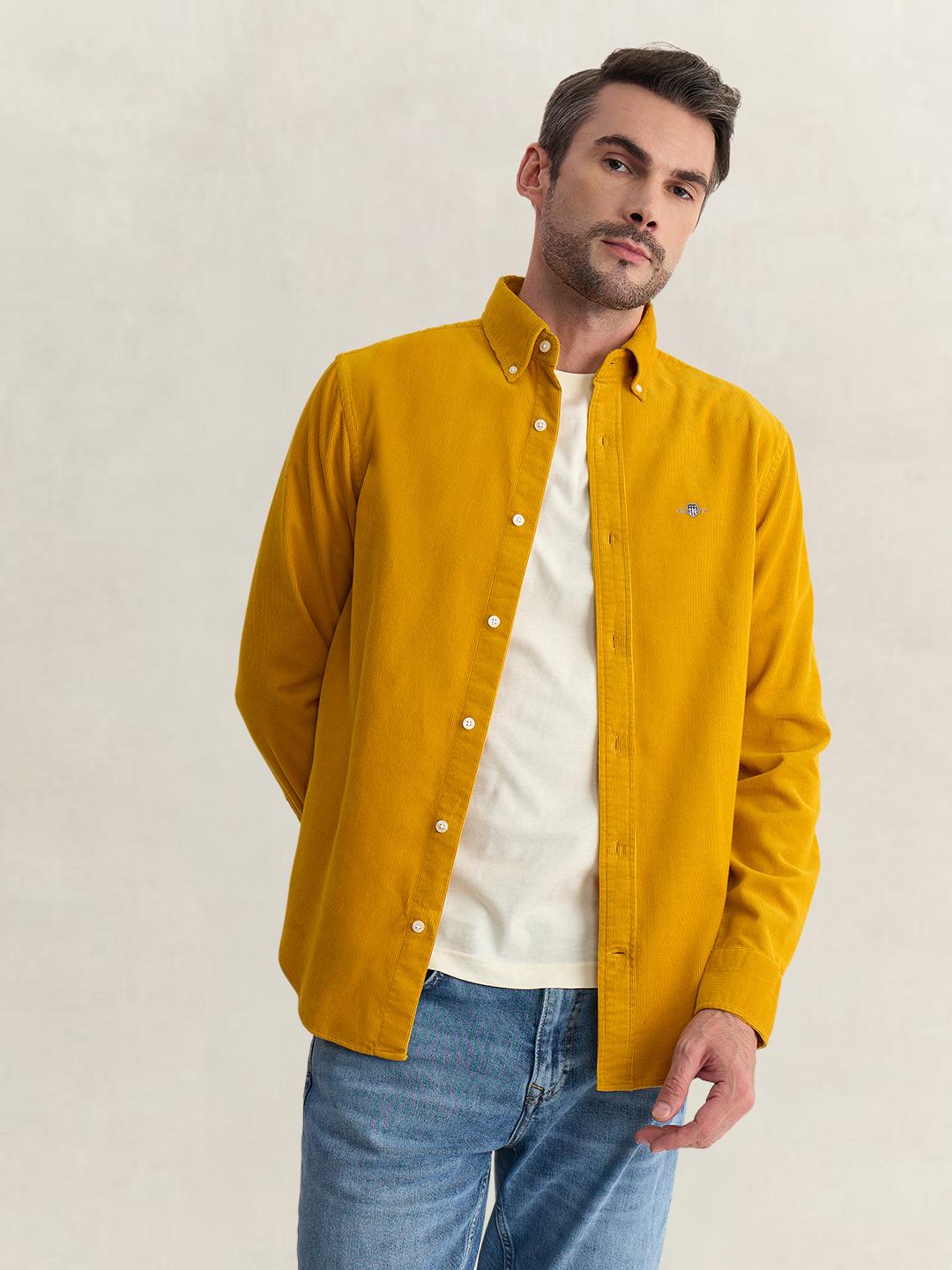 Gant Men Yellow Regular Fit Solid Corduroy Shirt