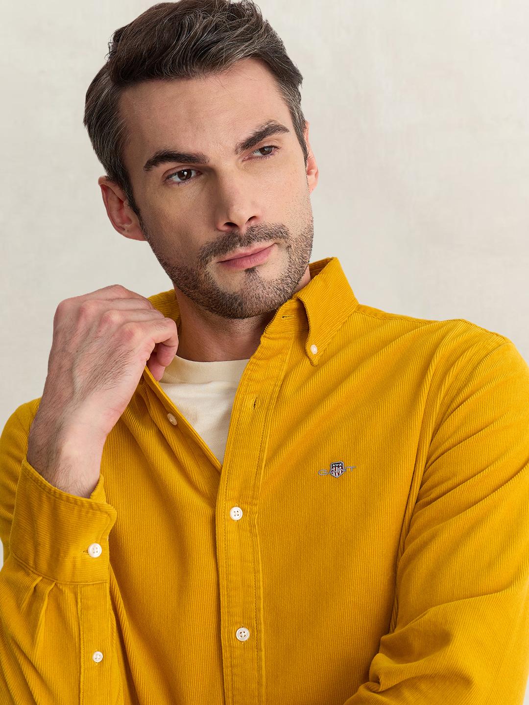 Gant Men Yellow Regular Fit Solid Corduroy Shirt
