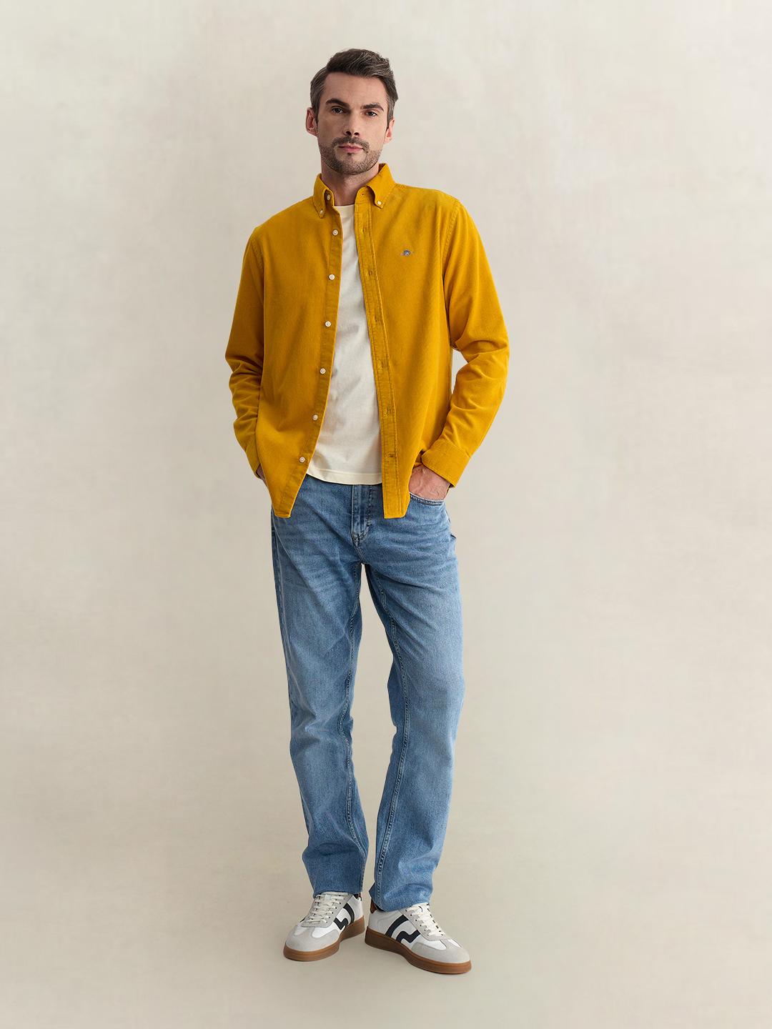 Gant Men Yellow Regular Fit Solid Corduroy Shirt