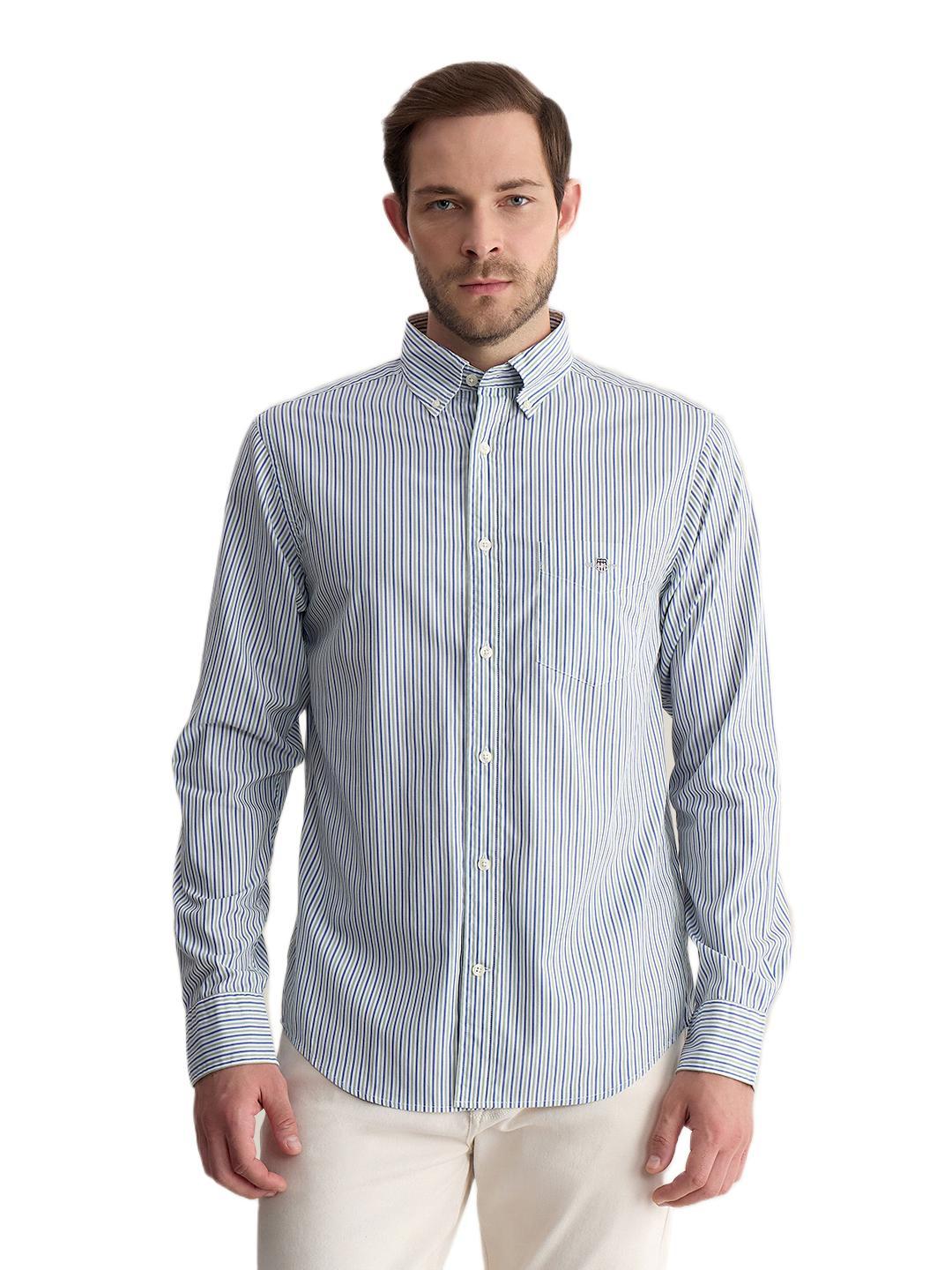 Gant Men Light Blue Regular Fit Striped Poplin Shirt