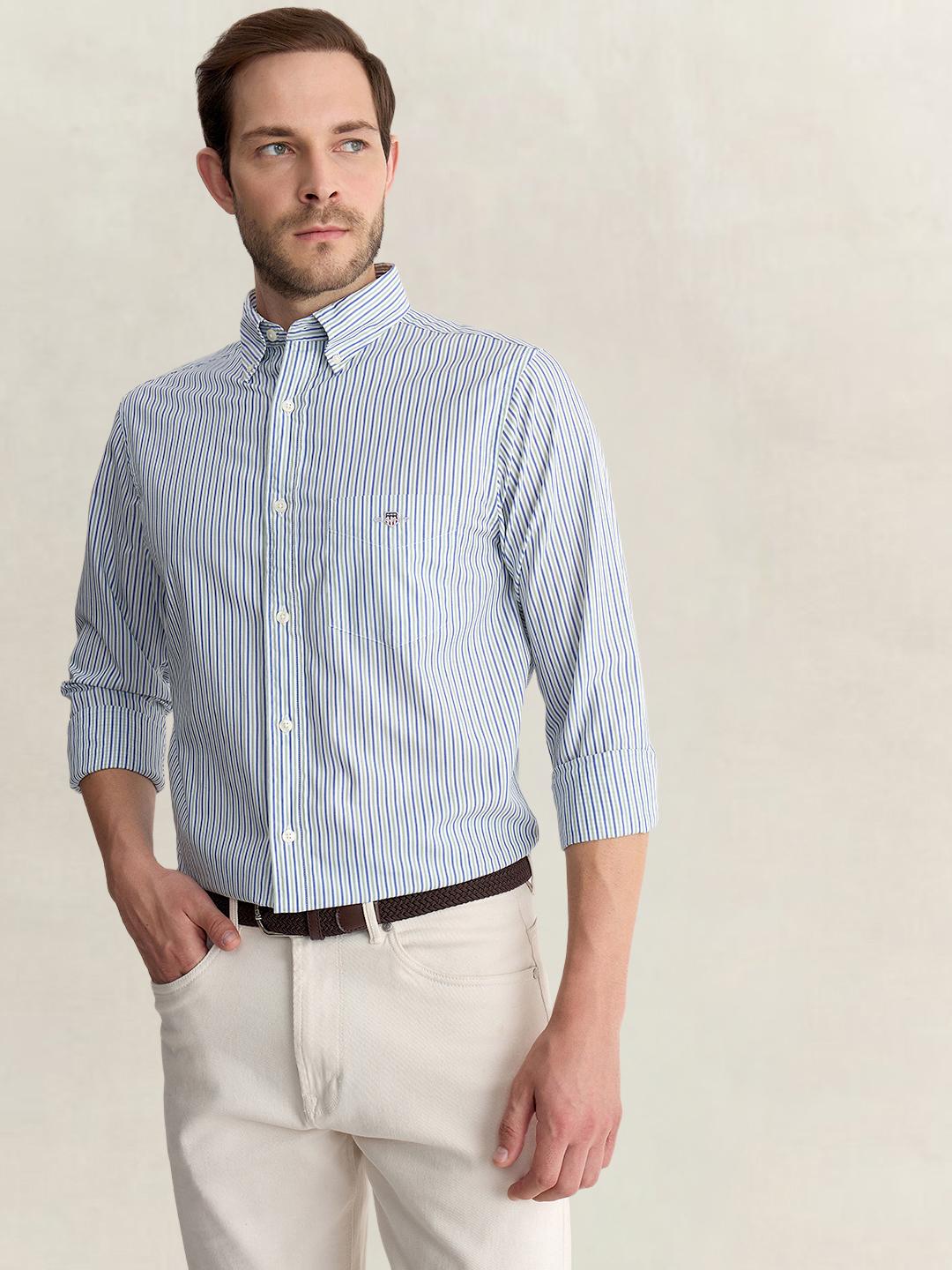 Gant Men Light Blue Regular Fit Striped Poplin Shirt