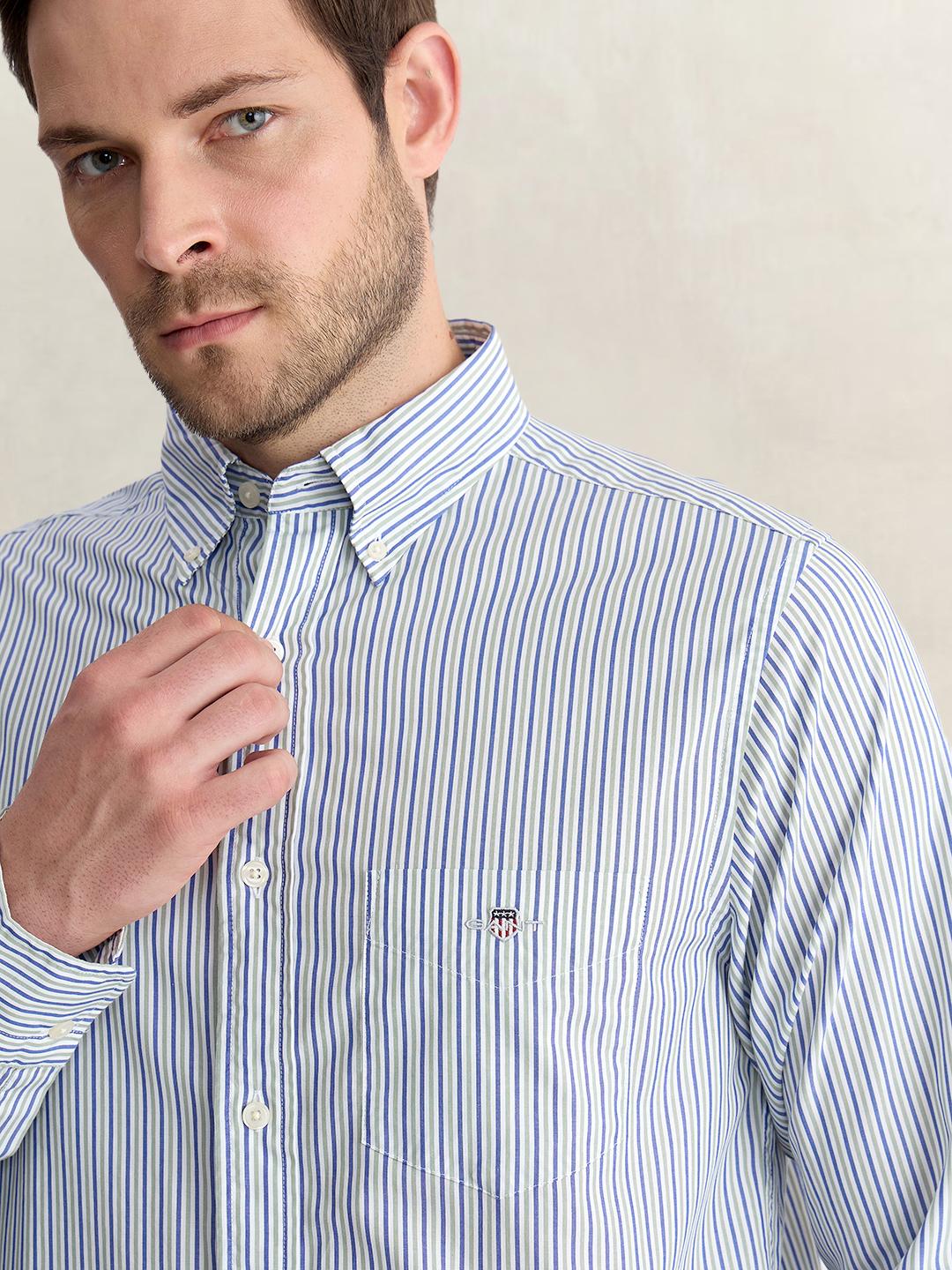 Gant Men Light Blue Regular Fit Striped Poplin Shirt