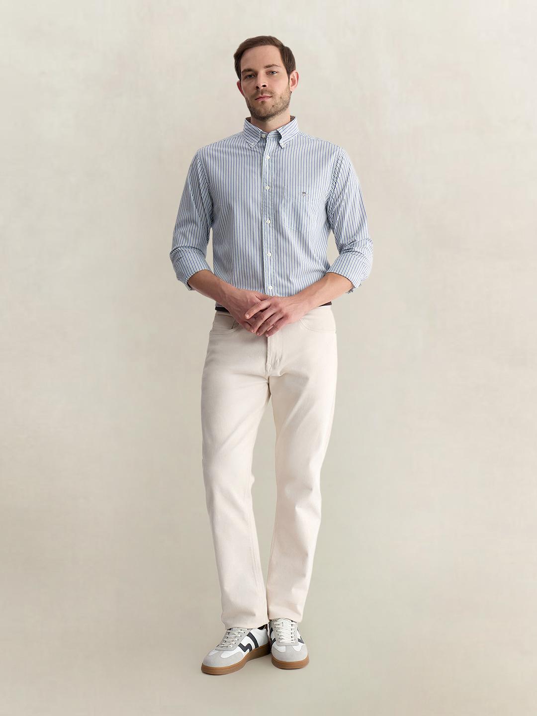 Gant Men Light Blue Regular Fit Striped Poplin Shirt